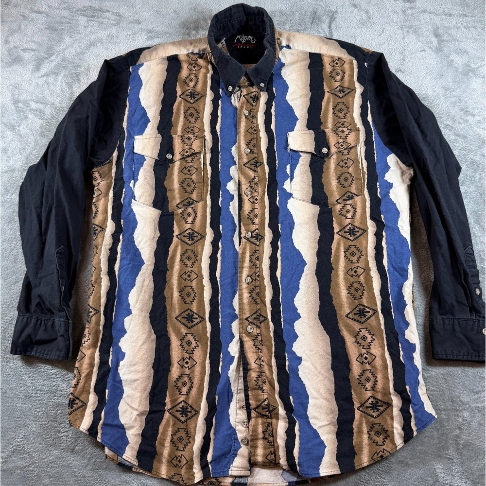 Vtg Roper Sport Aztec Western Button Shirt Black Sleeves XL-Tall Southwest